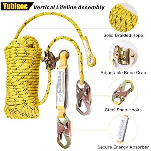 Rope Harness Safety Lanyard 25FT, Vertical Lifeline Assembly with Grab Snap Hooks Shock Absorber, Fall Protection Tree Climbing Lifeline Kit, Heavy Duty Roof Safety Equipment ANSI CE