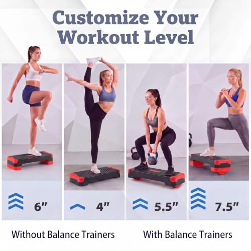 Adjustable Aerobic Step Platform with Risers & Resistance Bands - Red