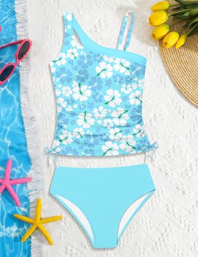 Girls Floral Print One Shoulder Tankini Swimsuit Set - Light Blue, 9-10 Years