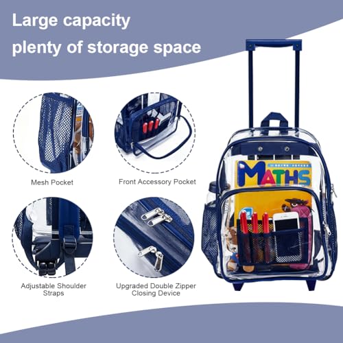 Clearworld Blue Heavy Duty Transparent Rolling Backpack with Wheels for Security & Travel