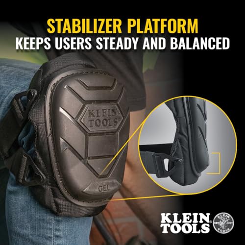 Klein Tools 60895 Knee Pads for Men and Women, Heavy Duty Semi-Round Stabilizer Gel Knee Pads with Adjustable Elastic Straps, for Construction, Flooring, Gardening, Black