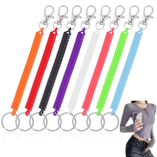 8 Pack Retractable Spring Coil Keychains - Anti-Lost Cord Set