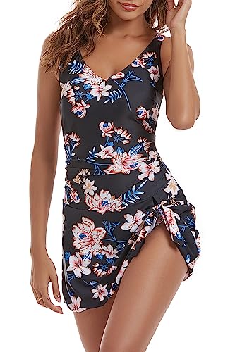 Aidonger Women's Black Floral Print Tummy Control V-Neck One-Piece Swimsuit Small