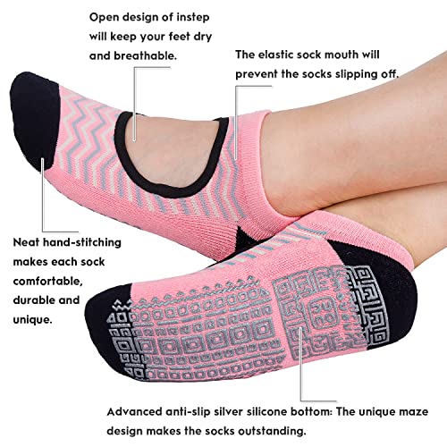 Non Slip Grip Yoga Socks for Women with Cushion - One Size, 3 Pairs Waves Lake Blue/Yellow/Pink