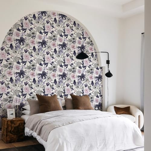 GeRRiT 17.32"x118" Purple Peel and Stick Wallpaper Watercolor Floral Wall Paper Self-Adhesive Contact Paper for Bedroom Bathroom