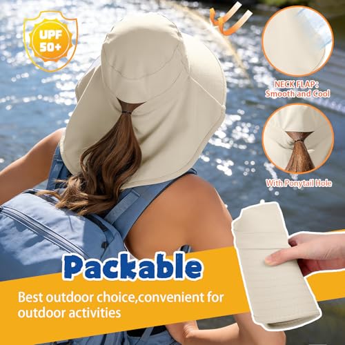 Ruqizhi Beige Sun Hat for Women with Neck Flap & Ponytail Hole UPF 50+ Rollable UV Protection - Size 1