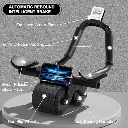 Ab Roller Wheel with Knee Mat & Timer - Automatic Rebound - Black