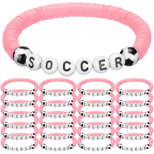 24 Pcs Soccer Beaded Bracelets - Adjustable Clay Jewelry - Pink