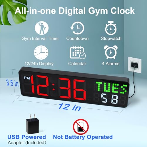 12-Inch Interval Workout Timer with Remote Control | 5 Display Modes & 4 Alarms