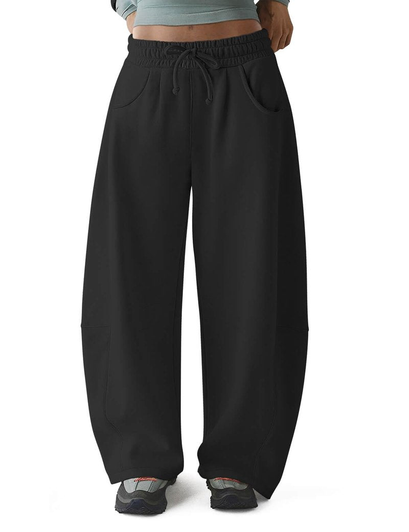 HeSaYep Women's Wide Leg Barrel Sweatpants Fleece Lined Baggy Sweat Pants Drawstring High Waisted Casual Pants Cotton Palazzo Trousers with Pockets Black M