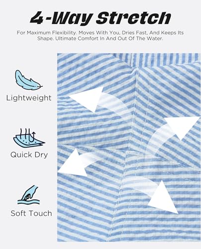 CoozySphere Men's Seersucker Swim Shorts 5 Inch Blue White Stripe Quick Dry Beach Trunks with Pockets