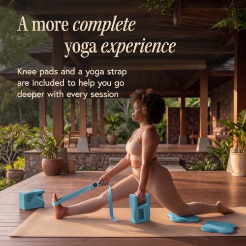 Ergonomic Yoga Block Set - 2 Foam Blocks, 2 Knee Pads & Strap