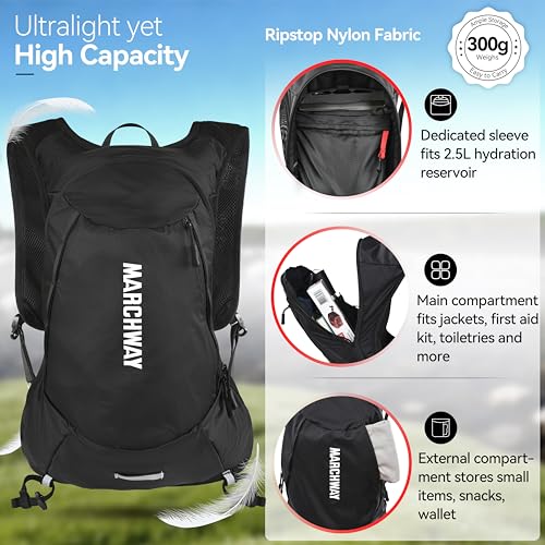 MARCHWAY Black Ultralight Hydration Backpack 3L Water Bladder for Cycling Hiking