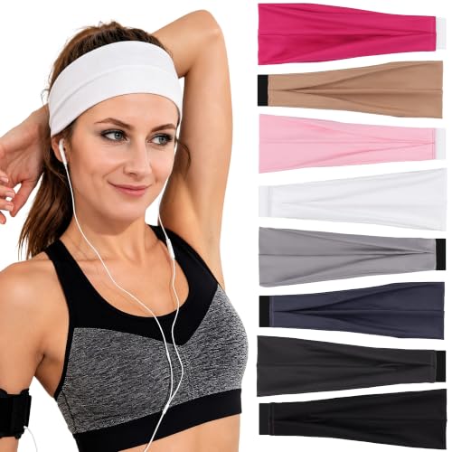 8-Pack Wide Elastic Hair Headbands - Soft Stretchy Sweatbands - Multi-Color