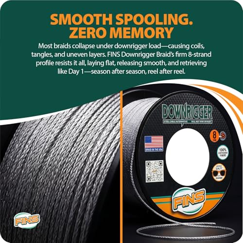 FINS Braided Downrigger Fishing Line 200lb, 100 Yards, Made in USA, Grey