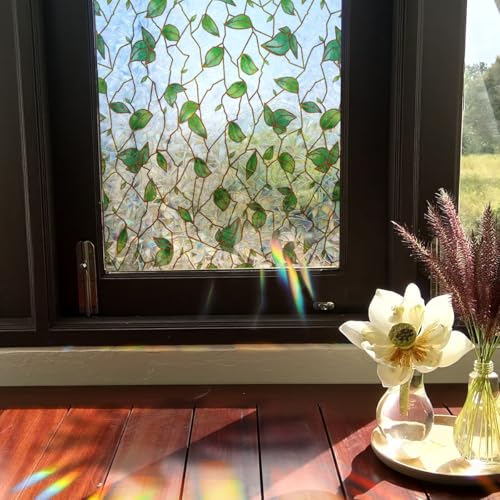 Runtoo Window Privacy Film Rainbow Leaves Window Clings 3D Decorative Vinyl Stained Glass Green Plant Vines Decals Static Sticker Non-Adhesive, 17 x 40 inches
