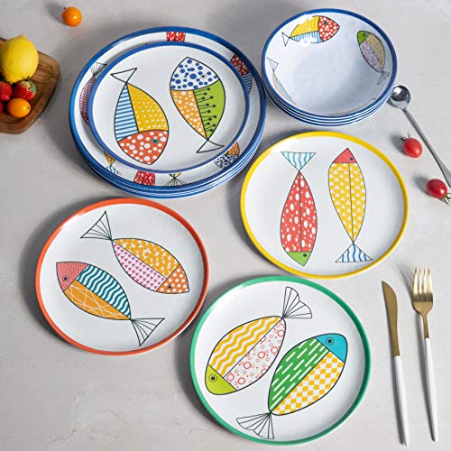 Gofunfun 12-Piece Melamine Dinnerware Set for 4 with Blue Fish Design - Plates & Bowls