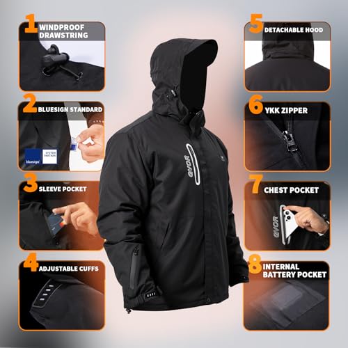 GVOR Men's Heated Jacket with 12V Battery Pack, Detachable Hood, XX-Large Black