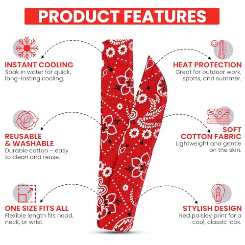 Cooling Gel Bandanas - 4-Pack 38-Inch Red & Blue Paisley