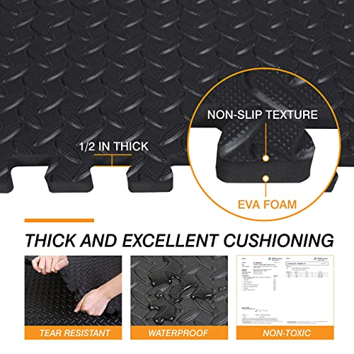 EVA Exercise Floor Mats - Interlocking Foam Tiles, 0.5 Inch Thick, 24 SQ FT - Black
