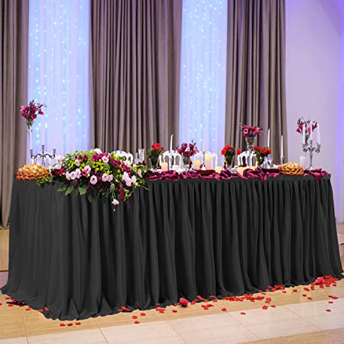 PARTISKY 17ft Black Polyester Ruffle Table Skirt for Banquet & Wedding Tables