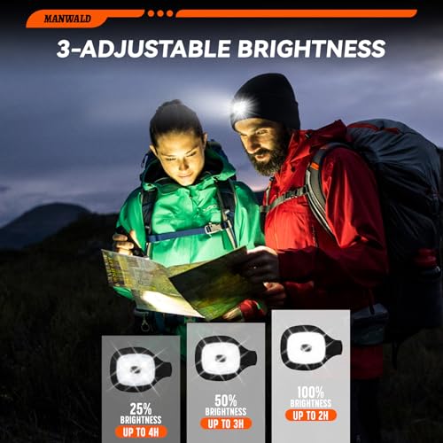 MANWALD Black LED Beanie Hat with Light, USB Rechargeable, Adjustable Brightness, Unisex Winter Hat - 1 Pack