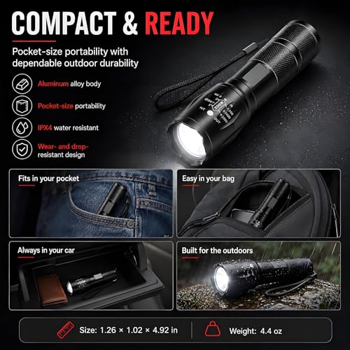 MVIOCS Red Rechargeable LED Flashlight with Zoom - 2000 Lumens, Water Resistant, Portable for Camping Hiking Emergency
