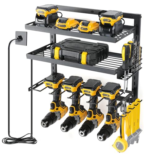 COFIT Power Tool Organizer with Adjustable Height 3-Tier Iron Tool Rack and Wall Mount Charging Station for Drill and Garage Workshop