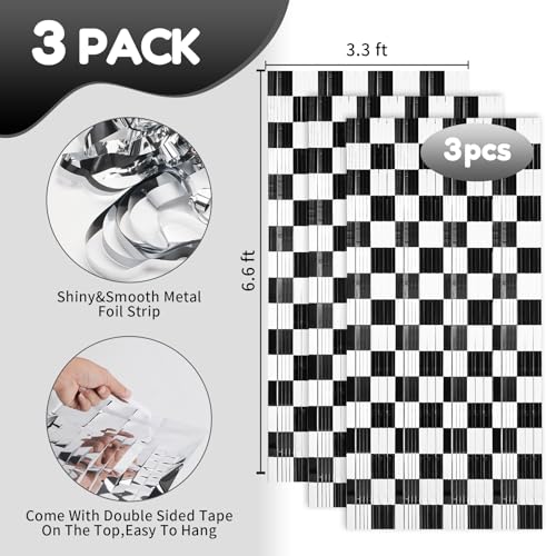 Black and White Checkered Tinsel Backdrop Curtains - 3 Pack