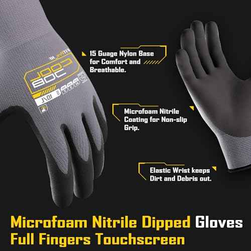 COOLJOB 12 Pairs Safety Work Gloves Microfoam Nitrile Rubber Coated, Seamless Knit Nylon Gloves with Full Fingers Touchscreen, Grip Nitrile Dipped, Ideal for Warehouse, Home Improvement, Grey Medium