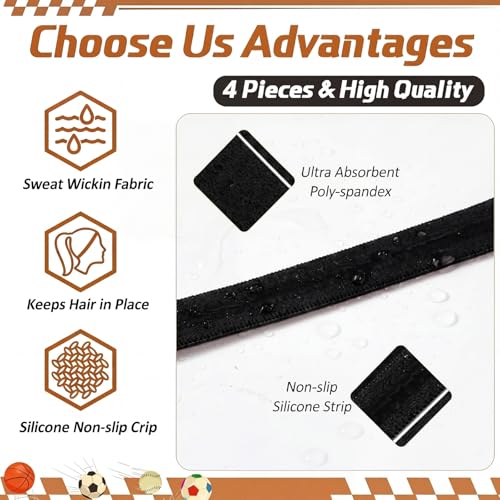 Elastic Sports Headbands - 4 Pack with Non-Slip Silicone Grip - Black & White