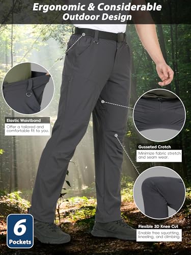 Zoofly Men's Lightweight Cargo Hiking Pants - Waterproof, Quick Dry, 6 Pockets, 34W x 30L, Dark Grey