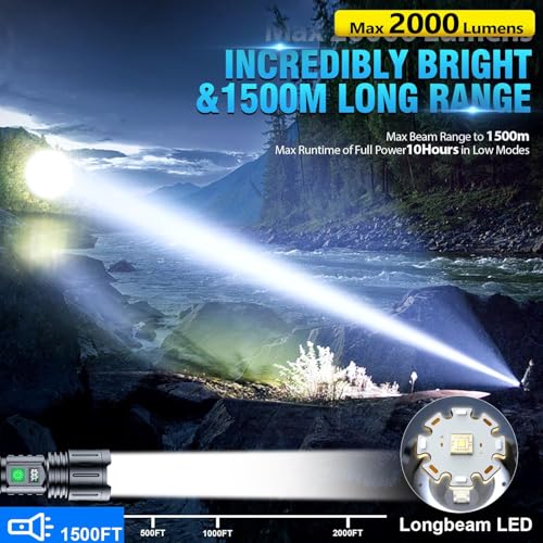 Hoxida 2000 Lumens Rechargeable LED Flashlight with Power Display - 1pc, Waterproof, 5 Modes, Zoom, Long Battery Life