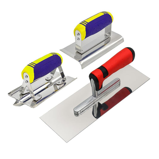 Concrete Tools Set 3 PC Stainless Steel Flat Finishing Trowel (11" x 4") plus Concrete Edger (6" x 3", 1/2"R) and Groover (6" x 3", 1/2"W,1/2"D) Stucco Cement Kit Masonry Construction Hand Kit