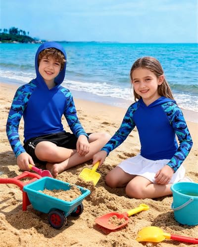 Boys Rash Guard Swim Hoodie - Long Sleeve Sun Shirt, Large Sapphire