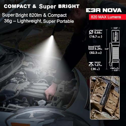 PowerTac E3R Nova 820 Lumen Mini Keychain Flashlight - USB-C Rechargeable, Swivel-Covered Charging Port, IPX8 Waterproof, Dual-Way Clip, Compact EDC Light for Camping, Hiking, Everyday Carry