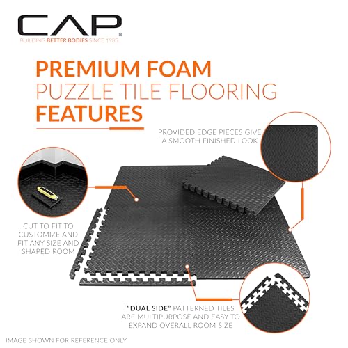 Interlocking Foam Exercise Mats - 3/4" Thick, Diamond - Black, 6 Tiles (24 SQ FT)