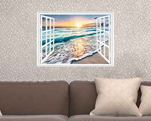 Faux Window Wall Mural - Sunset Beach Wall Sticker 16"x24"