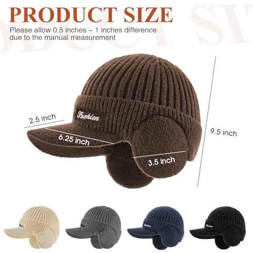 Winter Beanie Hat Set with Brim & Ear Flaps - Coffee Color