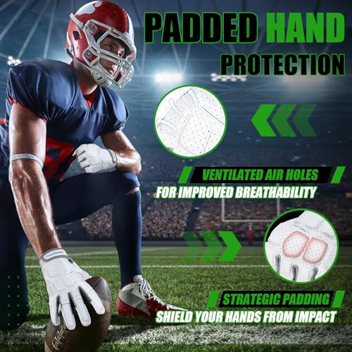 HANDLANDY White Silvery Large Football Gloves Men, Sticky Grip, Impact Padding