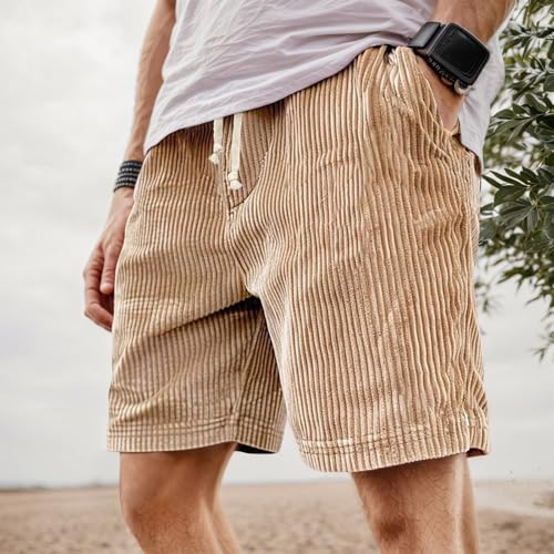 Men's Casual Corduroy Shorts - 7 Inch Drawstring, Khaki, Small