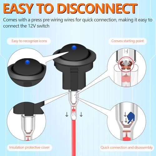 12V Round Rocker Switch with Blue LED - 6 Pack DC 20A