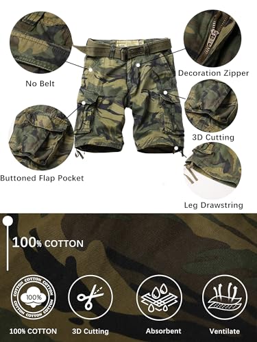 AKHIKING Rain Camo 36 Regular Camo Cargo Shorts for Men - 100% Cotton, 6-Pocket Outdoor