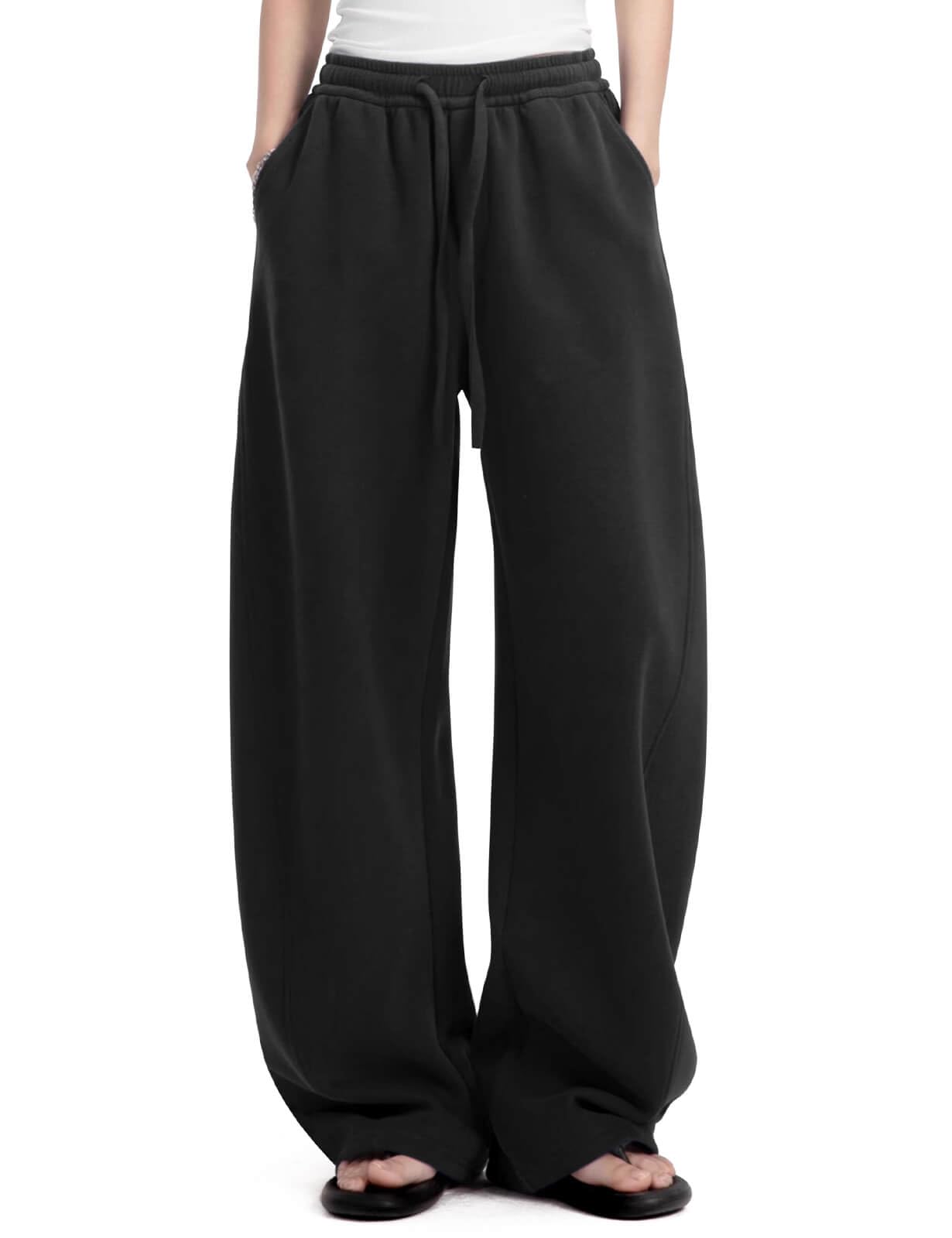 FACDIBY Women's Fleece Lined Barrel Sweatpants Baggy Casual Wide Leg Pants Drawstring Athletic High Waisted Lounge Sweats with Pockets Black S