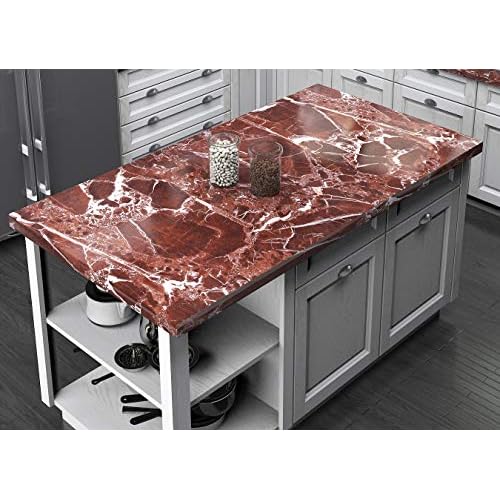 Burgeliy Self Adhesive Film15.8¡¿80in Vinyl Wrap Protector Auto Modification Film red Marble Shiny for Bathroom£¬Kitchen Countertops Table Desk Furniture Peel and Stick Waterproof Wallpaper Easy Clean