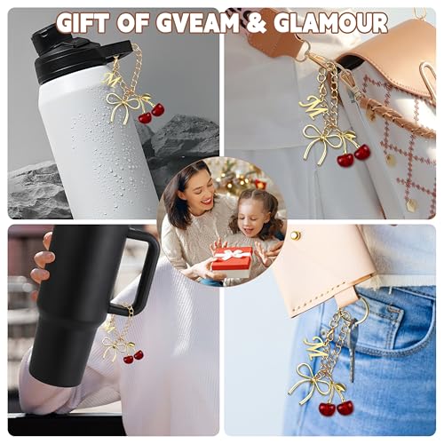 Gold Letter Charm with Bow & Red Cherry for Stanley Cup Tumbler