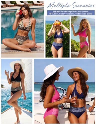 High Waisted Bikini Set - Women's Halter V-Neck 2 Piece - Medium Black