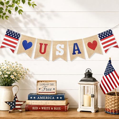 Burlap 4th of July Banner Bunting - Patriotic Decorations