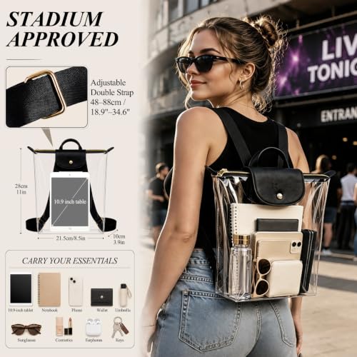 AKAIXI Clear Backpack with Leather Front Flap, Stadium Approved – Black