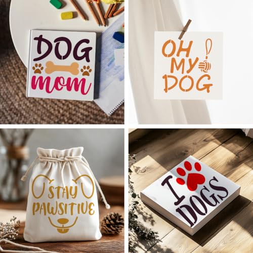 MAYJOYDIY 9Pcs Dog Paw Print Stencil 5.9¡¿5.9inch Cute Puppy Painting Stencils Reusable Love Mom Bark Template DIY Craft for Painting on Wood Furniture Canvas Wall Decoration